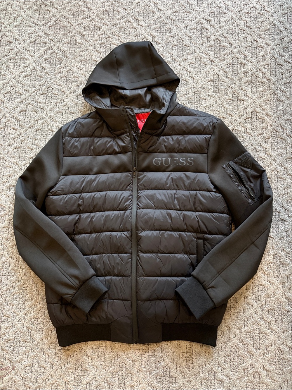 GUESS Men's Black Quilted Hooded Puffer Jacket
